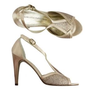 Adrianna Papell gold satin glitter open toe heels